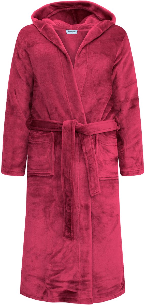 Unisex Badjas Extra Lang met Capuchon en Ceintuur - Ochtendjas - Superzacht Coral Fleece - Heren Dames - Bordeaux Rood - Maat S/M - 8210-Red