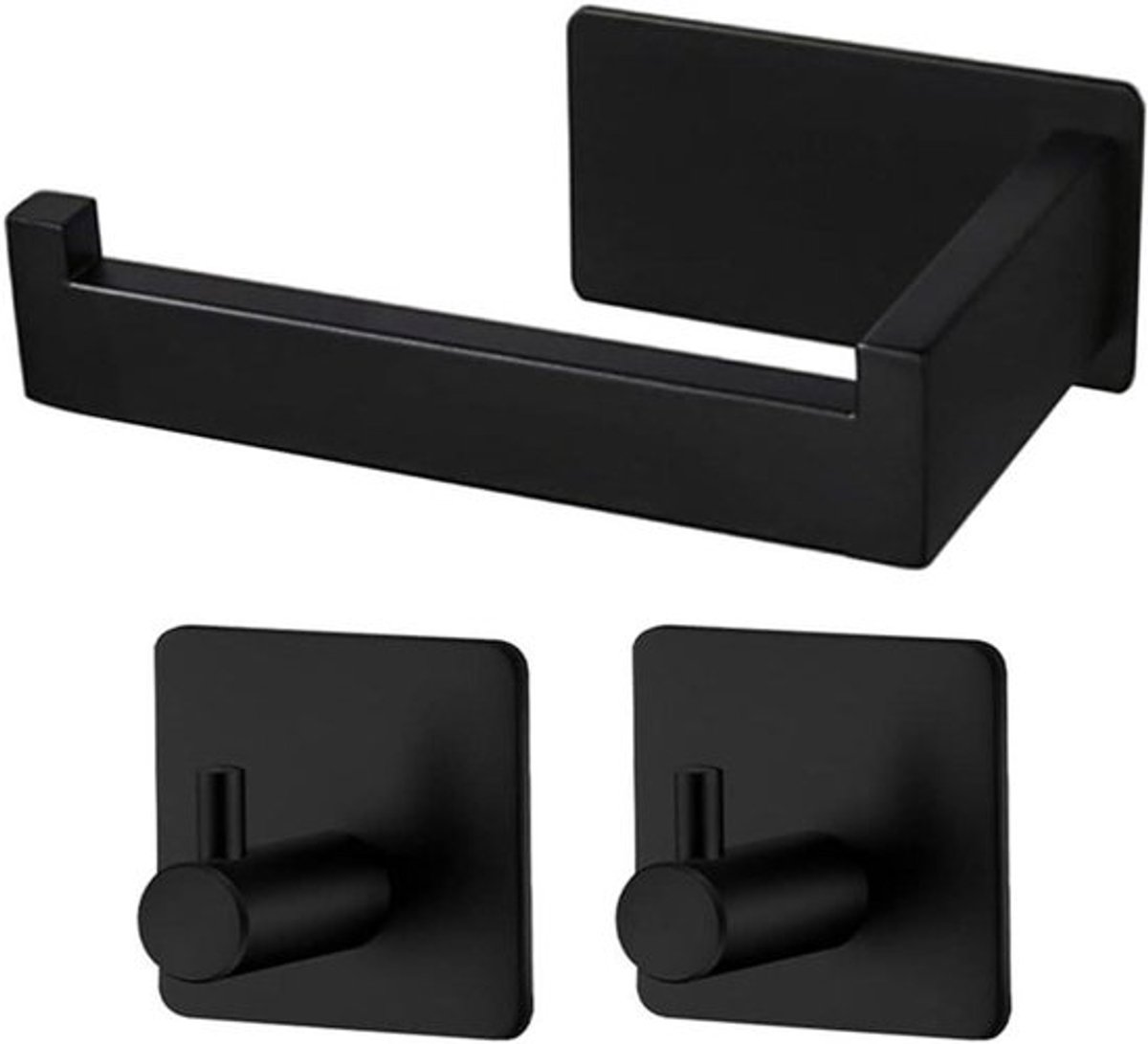 Zelfklevende Toiletpapierhouder van Roestvrij Staal met Handdoekhaken - Badkamer Accessoire zonder boren - Zwart - Duurzaam en Modern Design