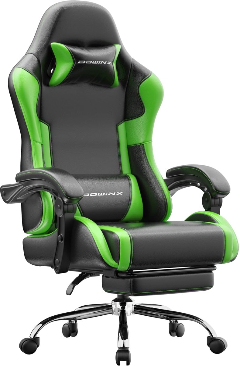 Dowinx Gaming stoel met voetsteun - Ergonomische bureaustoel met massage lendensteun - Verstelbare rugleuning en hoofdsteun - Kunstleren gaming fauteuil voor kantoor, thuis en gaming - 51x49x130 cm