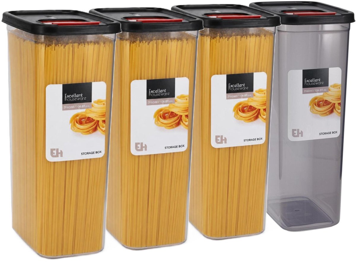 Excellent Houseware Voedselcontainer hoge strooibus - 4x - transparant/zwart - 3100 ml - kunststof - 16 x 11 x 28 cm