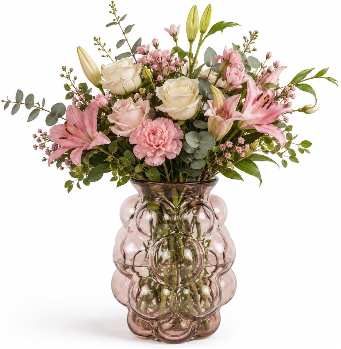 Bellatio Design Bloemenvaas Bubbles - transparant roze glas - D21 x H30 cm - vazen