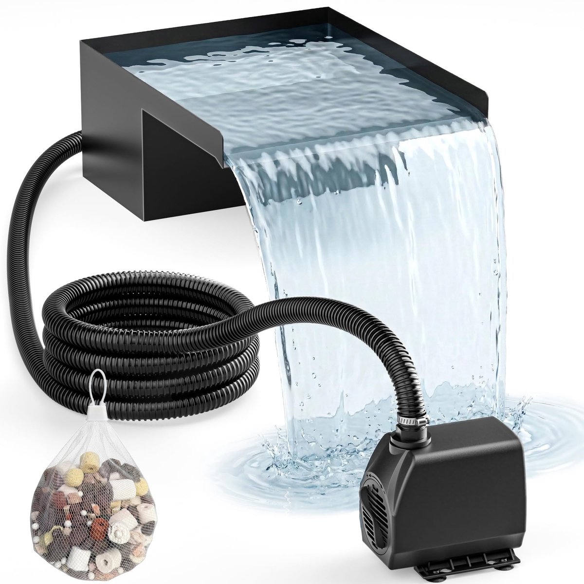 SnelShoppen - Complete PONDIA Watervalkit voor Vijver 20 cm met RVS 304 Watervaluitloop, 2500 L/h Pomp, Vorstbestendige Slang 3 m en 5 m Kabel - Ideaa