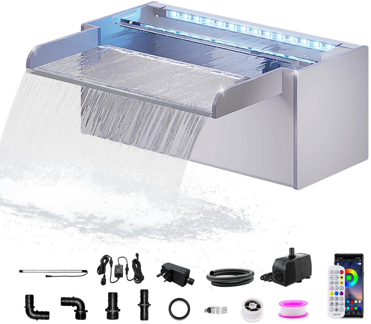 SnelShoppen - 30 cm Vijver Waterval met Waterpomp, Acryl Tuinfontein met 7 Kleuren Bluetooth LED Verlichting, Ideaal voor Tuin, Zwembad en Feest