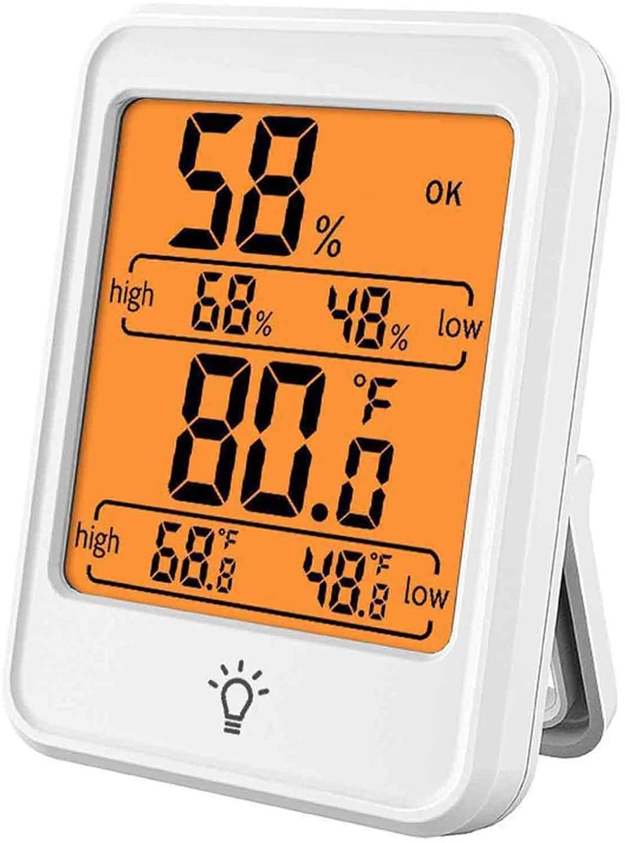 Digitale thermo-hygrometer - thermometer binnen buiten - Digitale Wekker - Slaapkamer - met achtergrondverlichting en magneet, registreert min/max temp en vocht voor babykamer kantoor wijnkelder - 6x8x2.3cm - wit