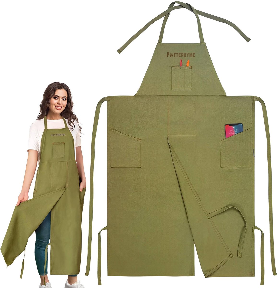 SnelShoppen - Potterhyme Volledige Dekking Aardewerk Schort Split Been - 100% Katoen Canvas Schorten met Zakken voor Keramiek, Klei, Houtdraaien, Schi
