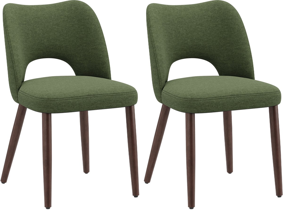 COLAMY Set van 2 eetkamerstoelen van stof - Gebogen open rugleuning - Dikke gewatteerde zitting - Poten van massief hout - Moderne keukenstoelen - Groene kleur