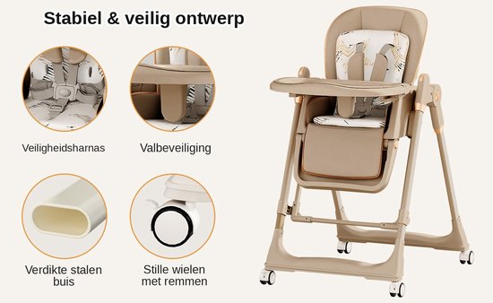 4-in-1 Baby-Kinderstoel op Wieltjes-Verstelbare rugleuning en blad-Van 6 tot 36 maanden tot 25 kg-Bruin van Merkloos — afbeelding 3