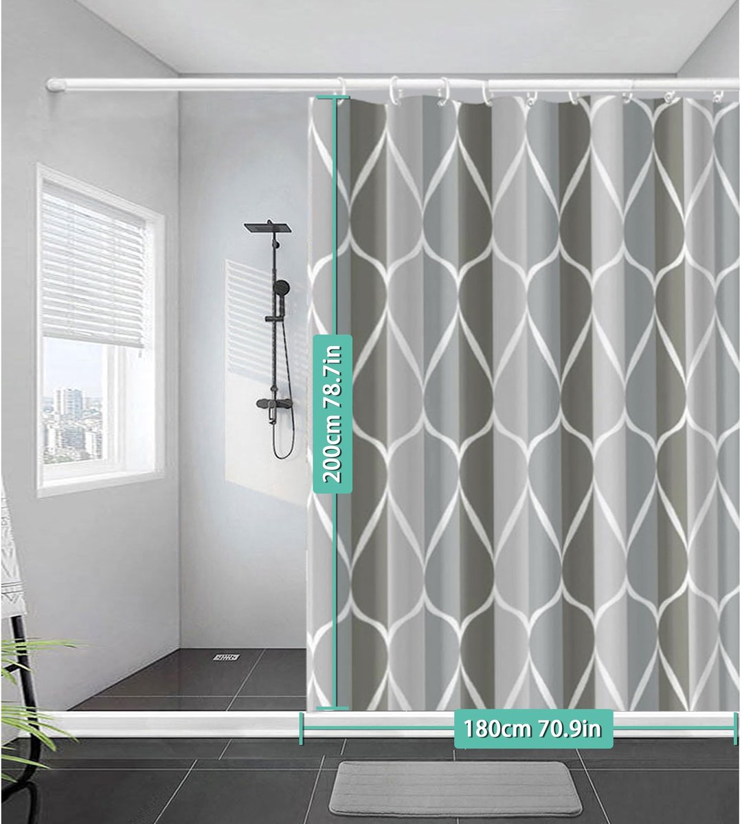 SnelShoppen - Verzwaard Douchegordijn 180 x 200 cm, Waterdicht Anti-Schimmel Textiel, 130 g/m² Polyester, Machinewasbaar, Grijs met Meerkleurig Golfpa