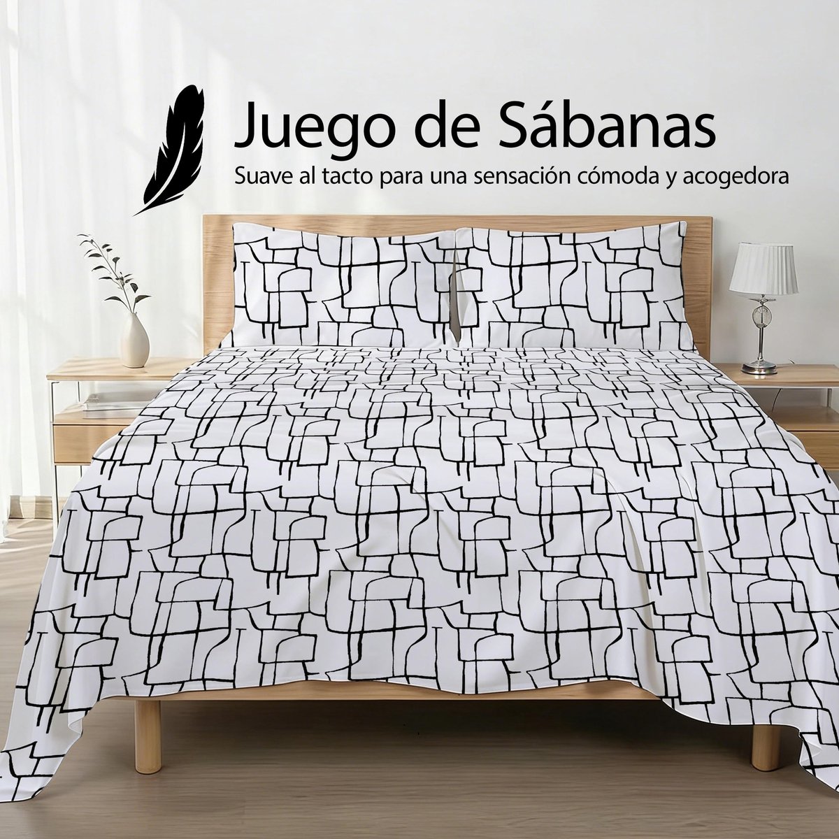 SnelShoppen - Etrexonline Lakenset 4-delig voor Bed 150 cm, Zachte Ademende Microvezel, Geometrisch Lijnenmotief, Inclusief 1 Hoeslaken, 1 Bovenlaken