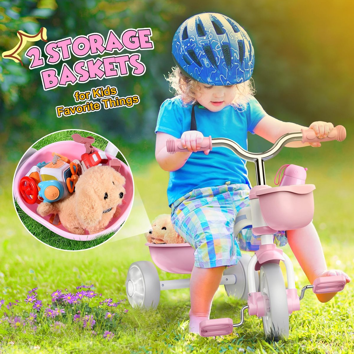 SnelShoppen - Braxel Driewieler Voor Kinderen 2-5 Jaar, Meegroeiende Roze Driewieler Met Verstelbaar Zitje, Lampjes, Draagvermogen 35 Kg, Voor Jongens