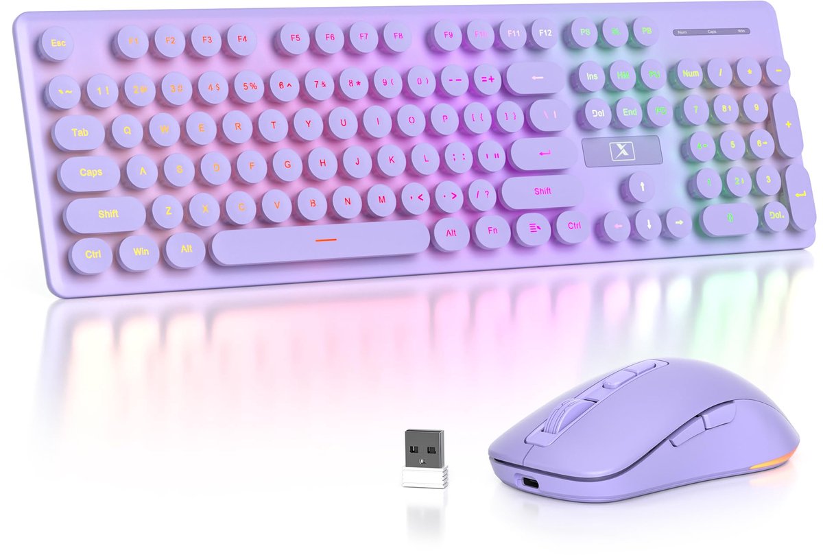 SnelShoppen - Backlit Wireless Keyboard en Muis Set, 2.4GHz Oplaadbaar Verlicht Toetsenbord met Retro Ronde Keycaps, Stille Draadloze Toetsen voor PC