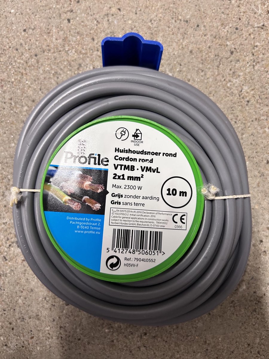 Profile VTMB/VMvL huishoudsnoer rond 2x1 mm² grijs – 10 meter
