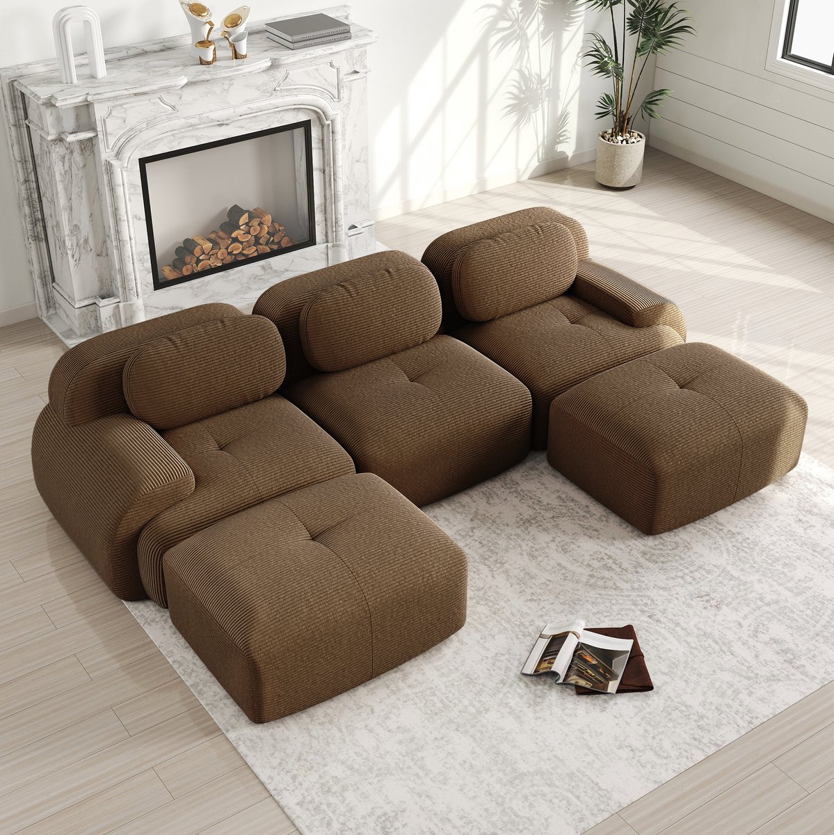 COVREO U-bank 298 x 178 x 70 cm – bruin corduroy, zonder montage, 3 zitplaatsen