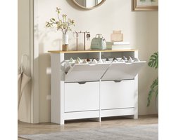 STILVORA Schoenenkast – Smal Model Met 4 Klapvakken Voor 8 Tot 16 Paar Schoenen – Voor Hal En Gang – Wit En Natuurlijk Hout – 105 X 26 X 80 Cm