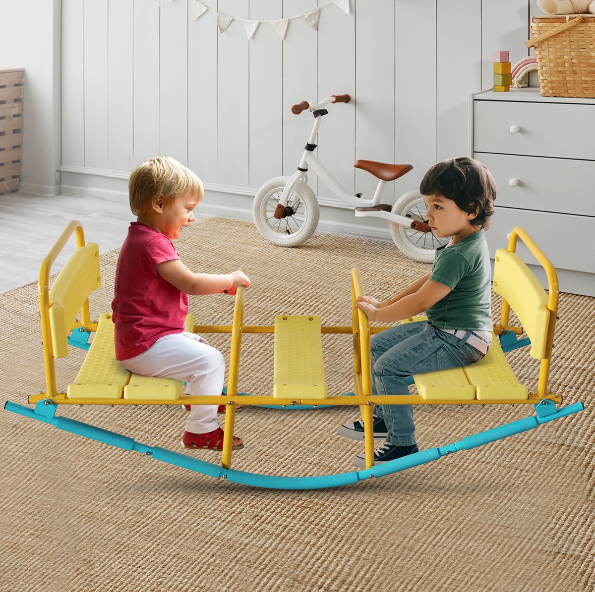 HAUSS SPOLE Schommelbank – 132,99 cm – Driezits Wipwap Met Rugleuningen – Metaal en Kunststof – Blauw Geel – Binnen en Buiten
