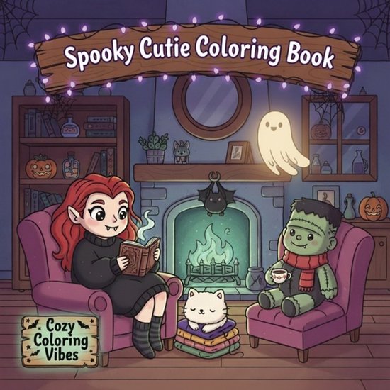 Kleurboek 'Spooky Cutie Coloring Book' met een vampier, Frankenstein, kat en geest bij een haardvuur. Met 'Cozy Coloring Vibes'.