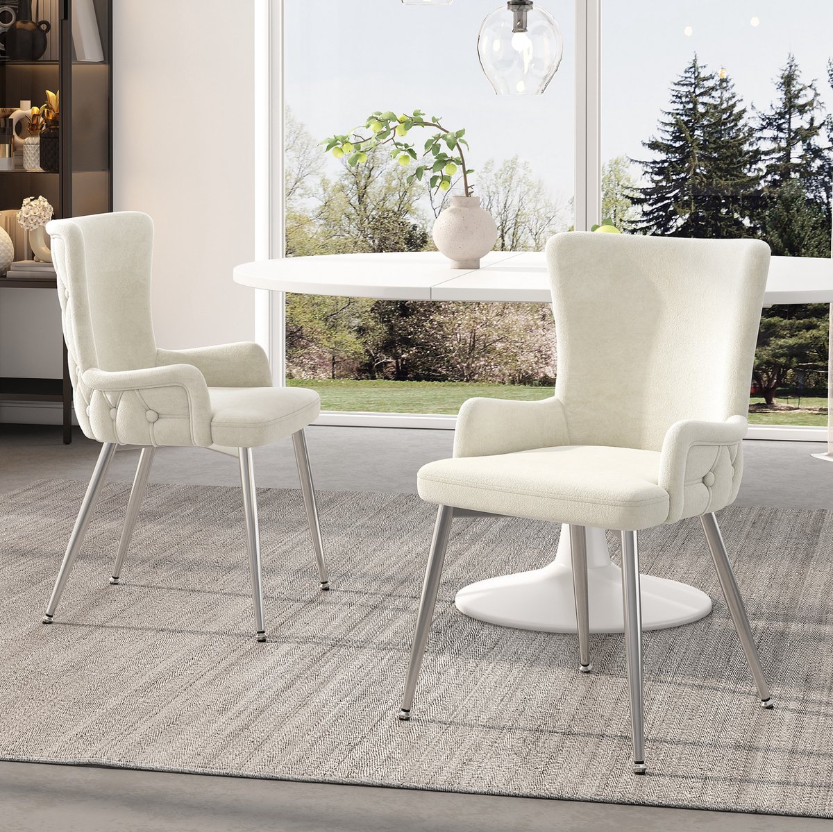 COVREO Eetkamerstoel 55x49x85 cm – beige velvet, metalen poten, set van 2 met armleuningen