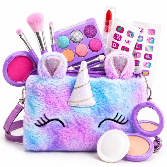 BOTC Echte make-up set - voor meisjes met een pluizig Tasje - Echte, niet-giftige, afwasbare Make-up speelgoedset -Paars Eenhoorn