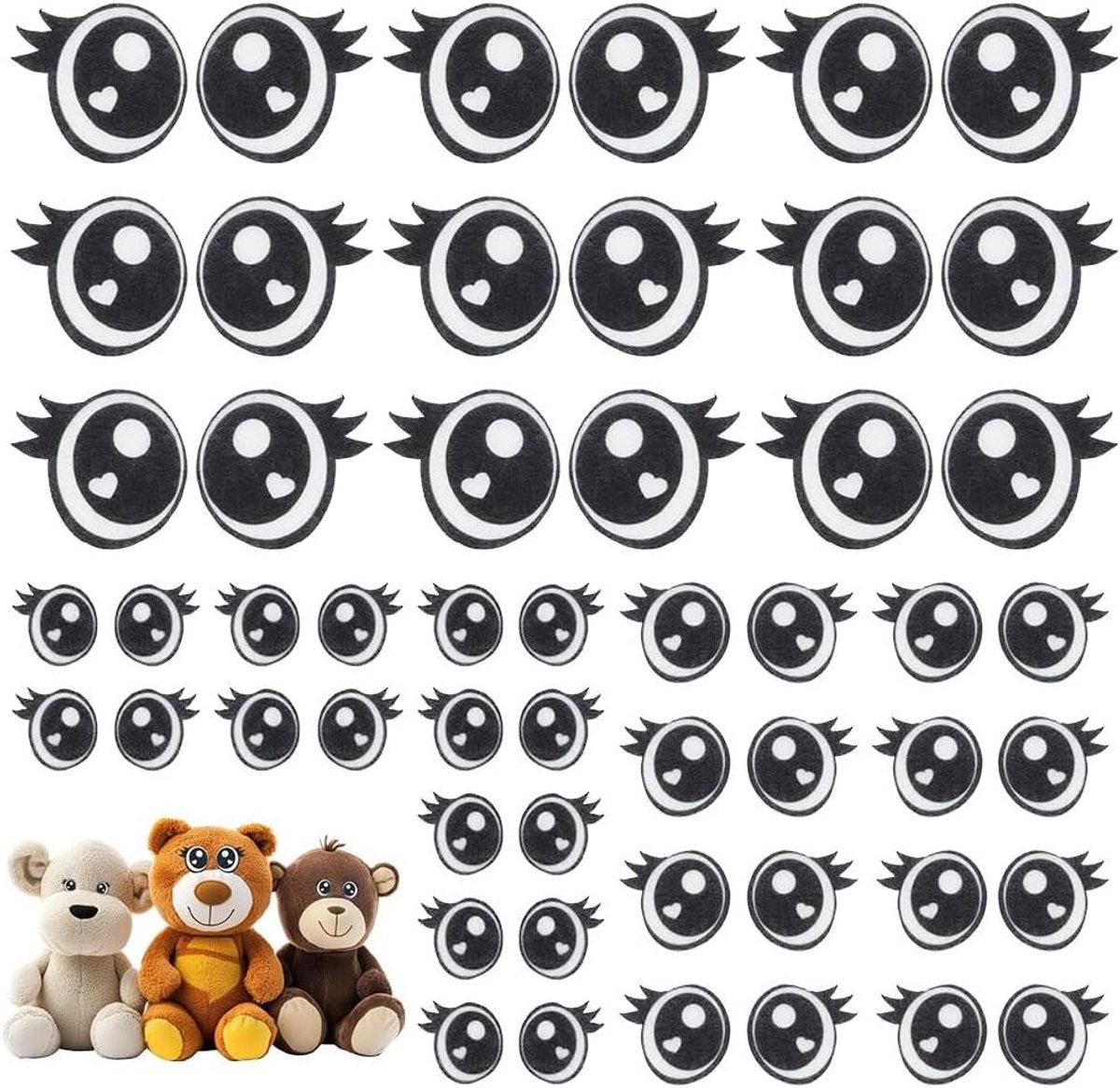 Vilt Ogen - Knuffel Ogen - Handgemaakte Knuffels Maken - Met Wimper Detail - 72 Paren - Zwart