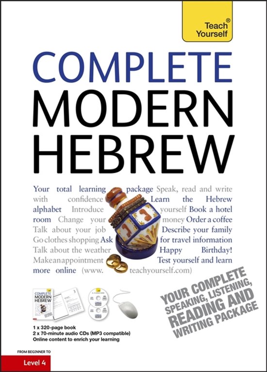 Boekomslag voor Complete Modern Hebrew, met een dreidel, munten, een muis en CD's. Bevat een 320-pagina's tellend boek, audio CD's en online content.