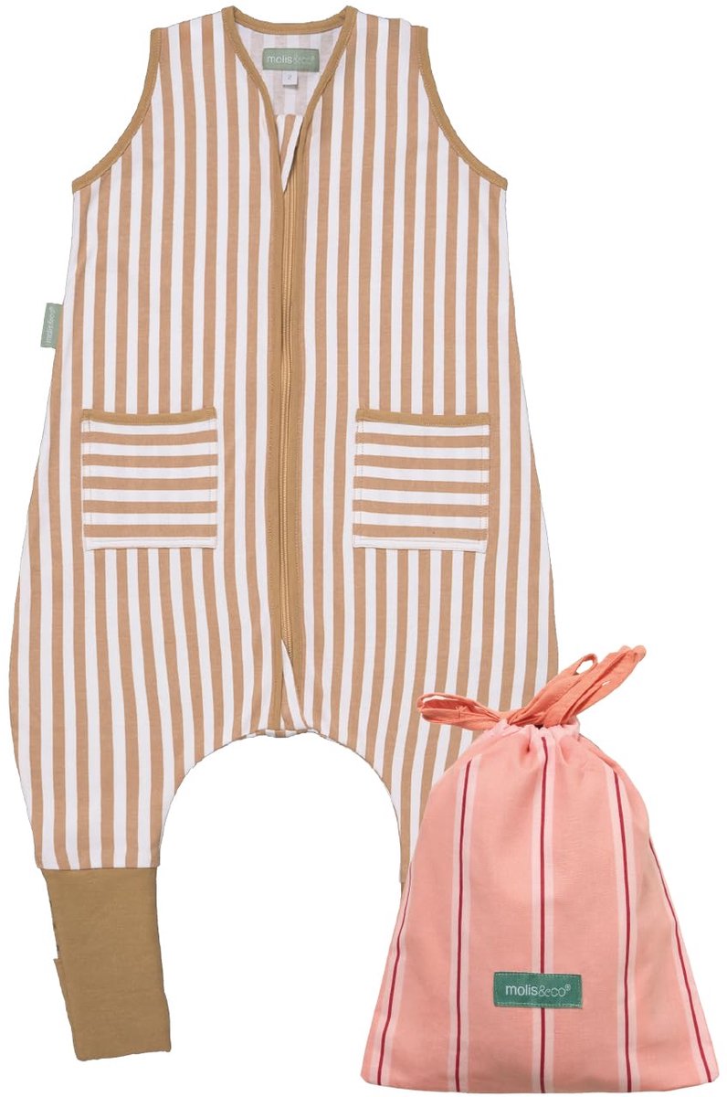 SnelShoppen - Zomerslaapzak met Voeten en Sokken, 0,5 TOG, Lichtgewicht 100% Katoen, Oeko-Tex 100, Zandstrepen, Geschikt voor Kinderen van 2 Jaar