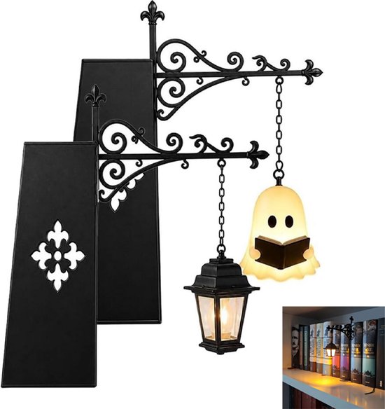 Foto: 2 delige set boekenplanklamp leeslamp vintage decoratieve verlichting hangende boekenplanklamp bibliotheeklantaarn metalen boekensteun warm led licht cadeau voor boekenliefhebbers uniek uiterlijk zwart
