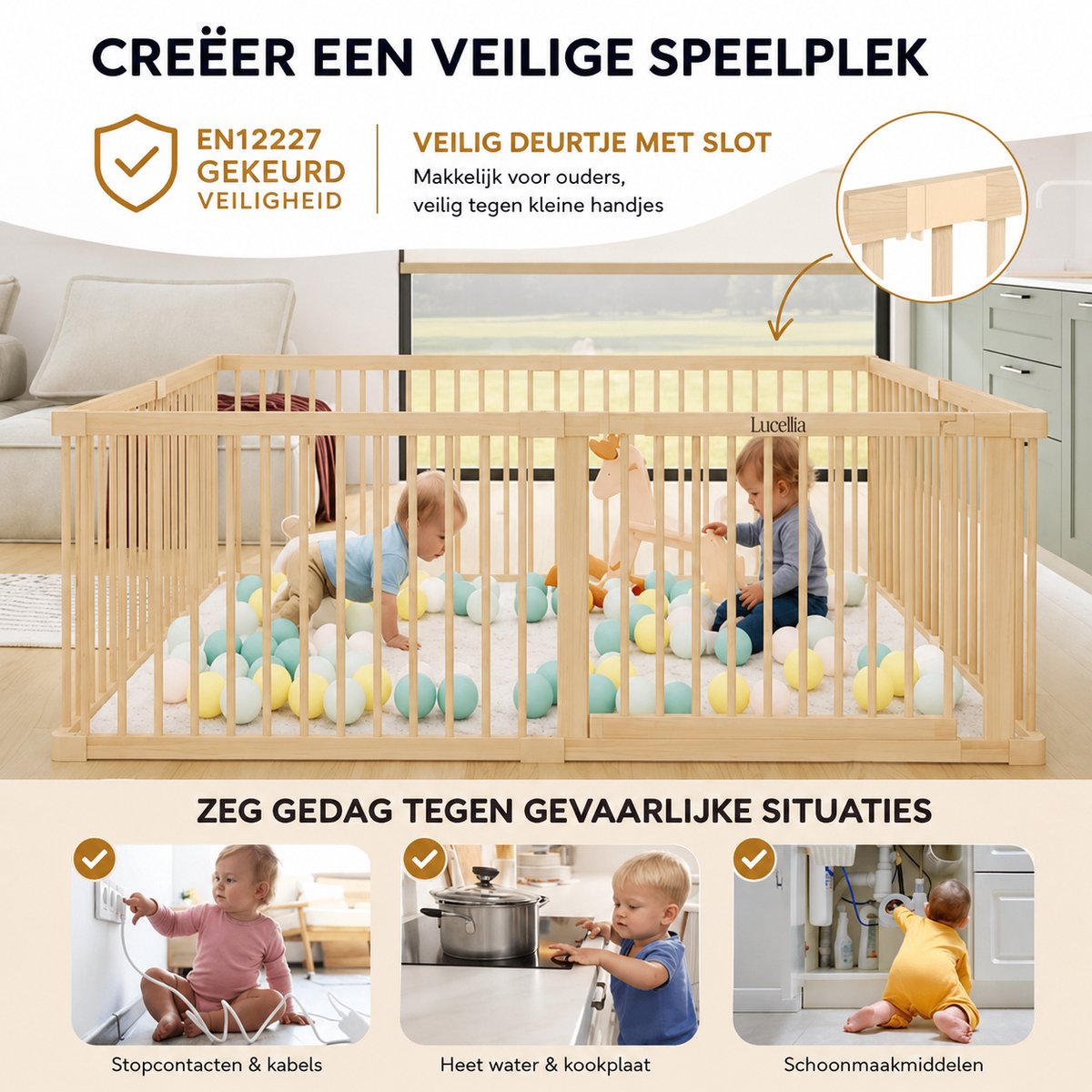 Lucellia® Houten Grondbox Baby - 120x160 / 140x140 cm – Vast Model Speelbox Hout – Kinderbox, Kruipbox, Playpen & Baby Box – Prime Wood Beige – foto 5