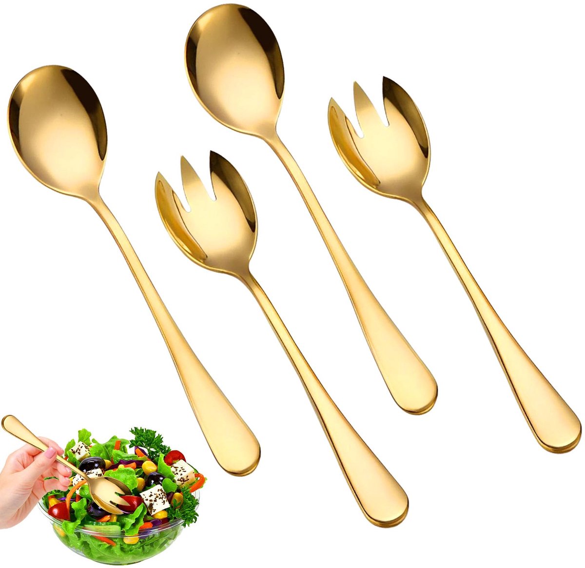 Dailygoods - 4 Stuks Gouden Saladebestek - Roestvrijstalen Servies voor Keuken en Eetkamer