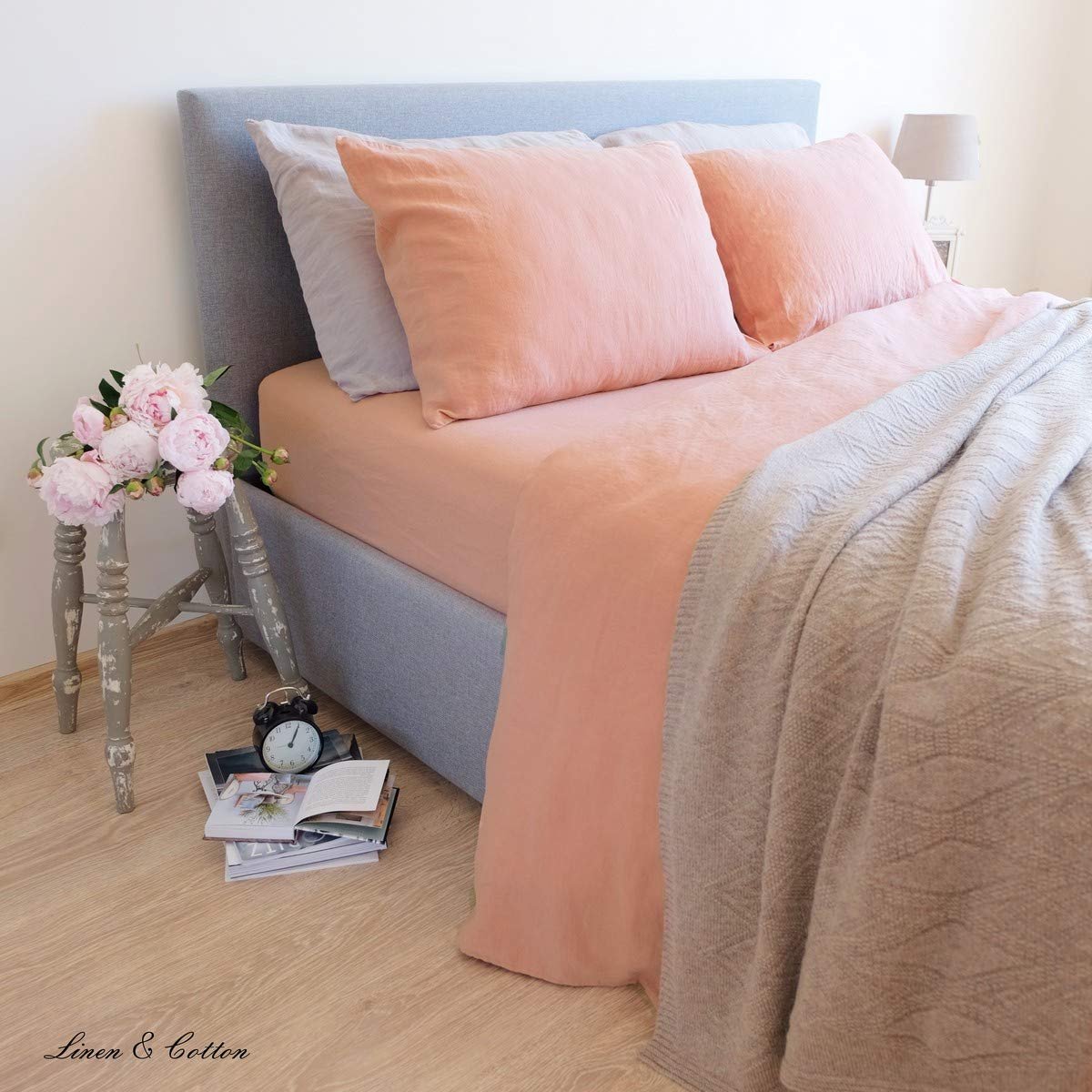 SnelShoppen - Linen & Cotton Zacht Beddengoed Set Alicia - 100% Gewassen Linnen, Koraal Roze Beddenset 140 x 200 cm - Dekbedovertrek, Kussensloop, Dub