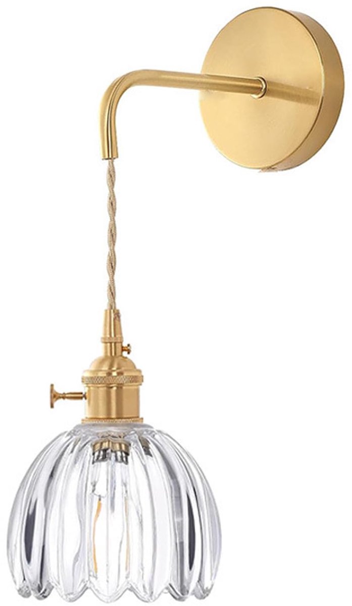 Dailygoods- Wandlamp Vintage - Messing Lampenkap - Glas Transparant - Met Schakelaar - Decoratieve Wandlamp - Voor Badkamer/Slaapkamer/Woonkamer - Muurlamp