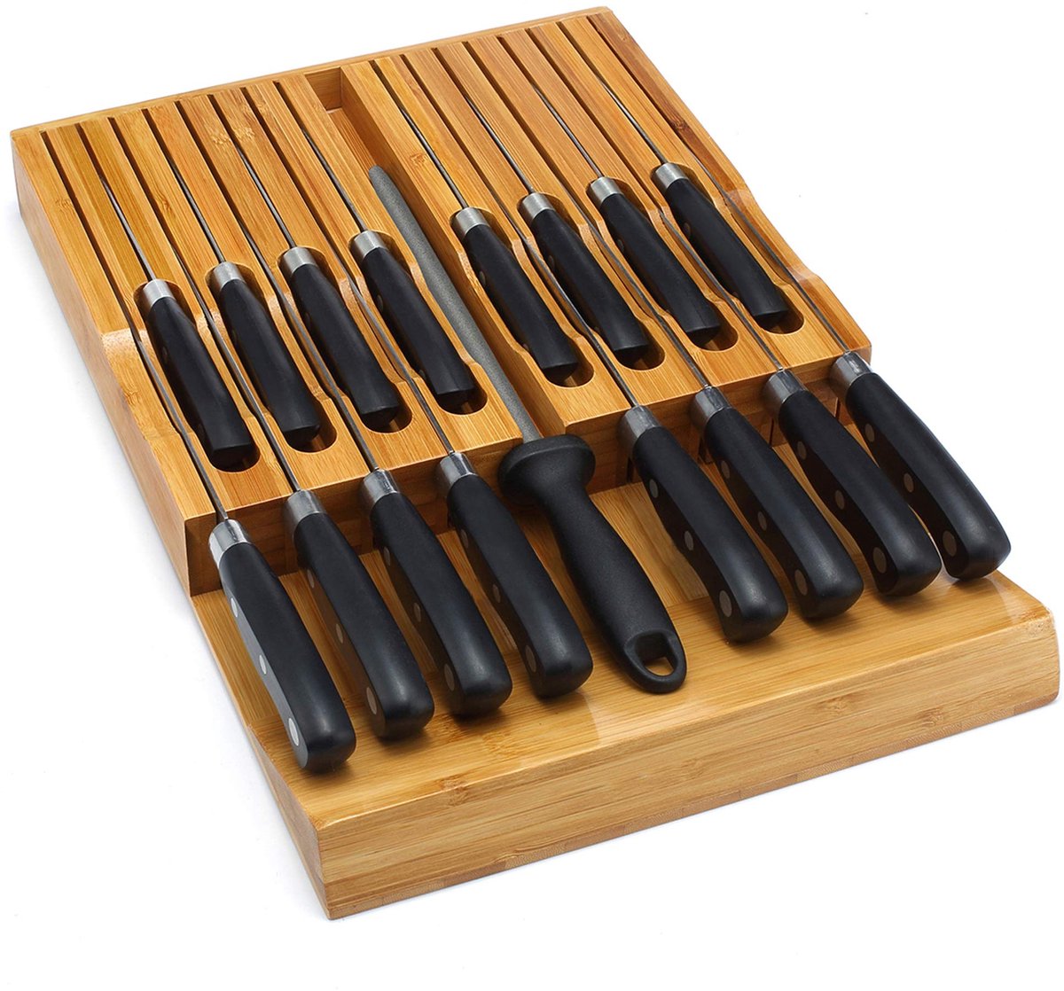 Dailygoods - In-drawer knife block, bamboo knife tray organizer insert, kitchen knife tray storage for 16 knives Dailygoods a slot for your knife sharpener (withou...