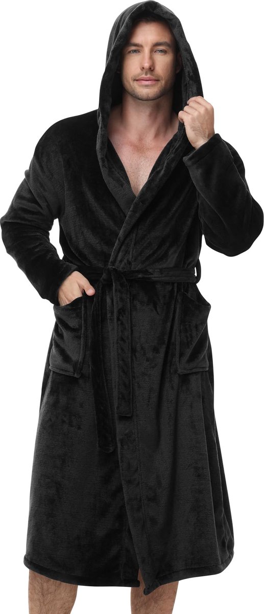 SnelShoppen - Badjas Heren met Capuchon, Zachte Flanellen Fleece, Extra Warm & Behaaglijk, Premium Microvezel, Saunajas S-3XL, Zwart, XXL Grote Maten