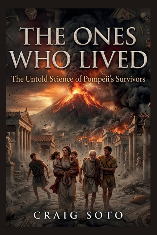 Boekomslag 'The Ones Who Lived' door Craig Soto, met een vulkaanuitbarsting boven Pompeii, groep mensen in klassieke kleding lopen weg.