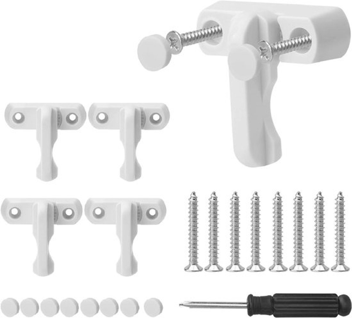 Raambeveiliging set met schroeven en schroevendraaier, inbraakbeveiliging, 180 graden rotatie, kindveilig, UPVC raamslot.