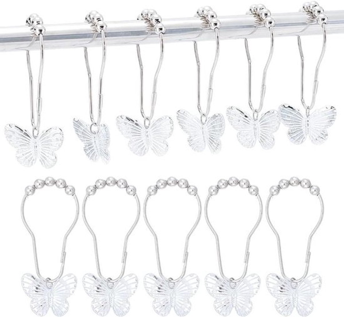 Decoratieve douchegordijnhaken voor badkamer - Set van 12 stuks - IJzeren ringen - Platina - Douchestangen gordijnen.
