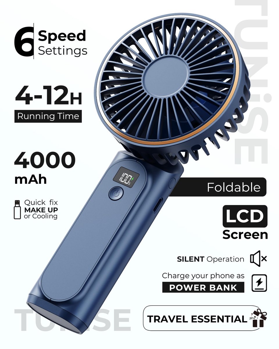 SnelShoppen - Handheld Fan Draagbare Ventilator met 4000 mAh, LED-display, 180° Verstelbaar, Oplaadbare Ventilator, 6 Snelheden voor Kantoor, Slaapkam