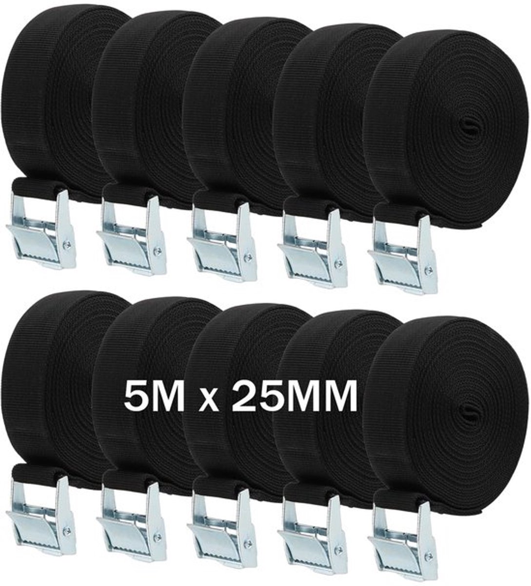 Spanbanden 5 m x 25 mm - Verstelbare Heavy Duty Sjorbanden - Zwart - Hoge Sterkte - Polypropyleenvezel - 250kg-500kg Draagvermogen