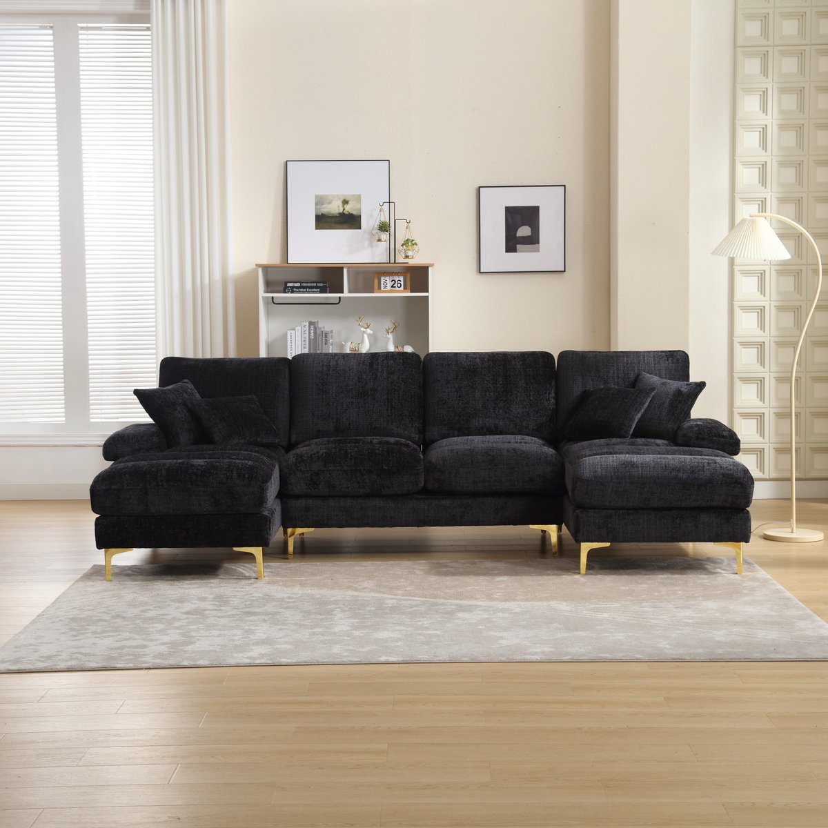COVREO U-bank 272x136x88 cm zwart chenille met dubbele chaise longue en hoge metalen poten