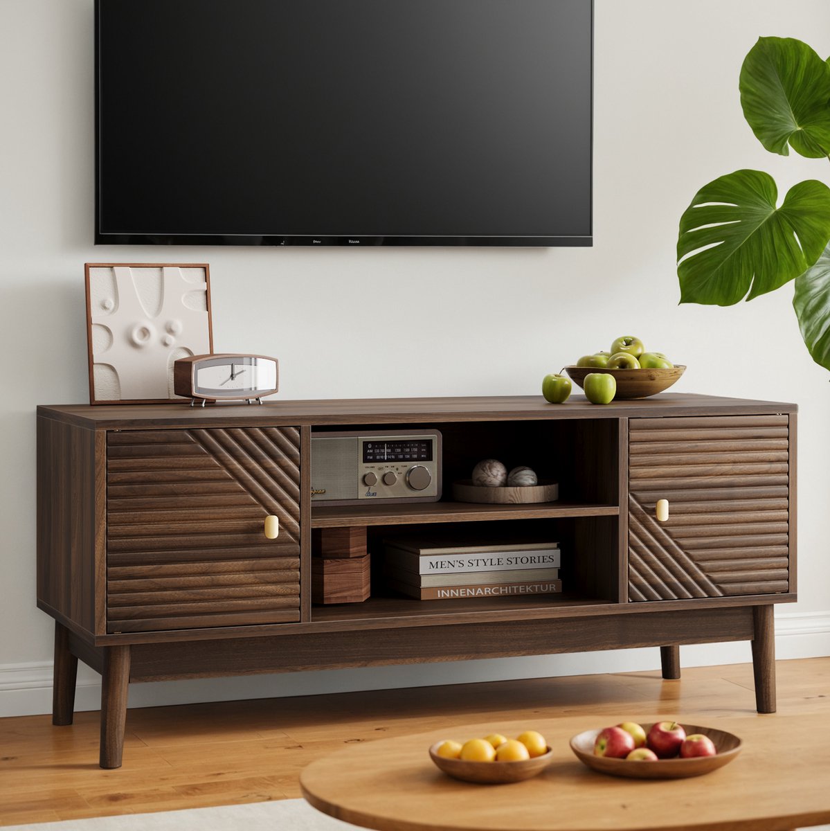 STILVORA TV Meubel - Mid-Century Modern Design Met Opbergruimte En Kabelmanagement - Voor Woonkamer En Slaapkamer - Walnoot - 110 Cm