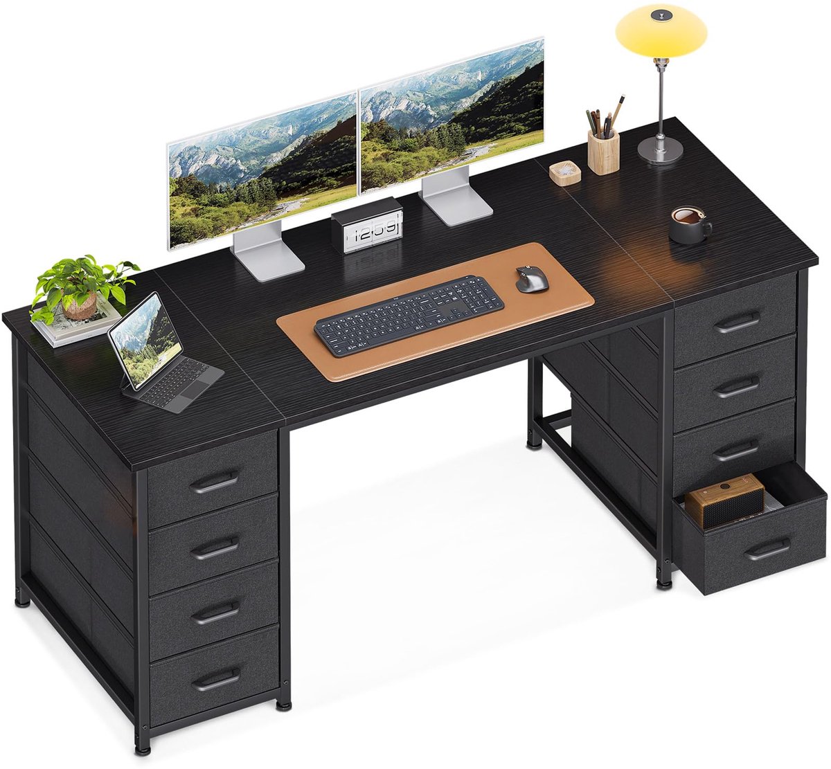 SnelShoppen - Coleshome Bureau met 8 Stoffen Laden - Ruim Computerbureau met Opbergruimte - Zwart Kantoortafel 140x48cm voor Kantoor, Woonkamer, Thuis