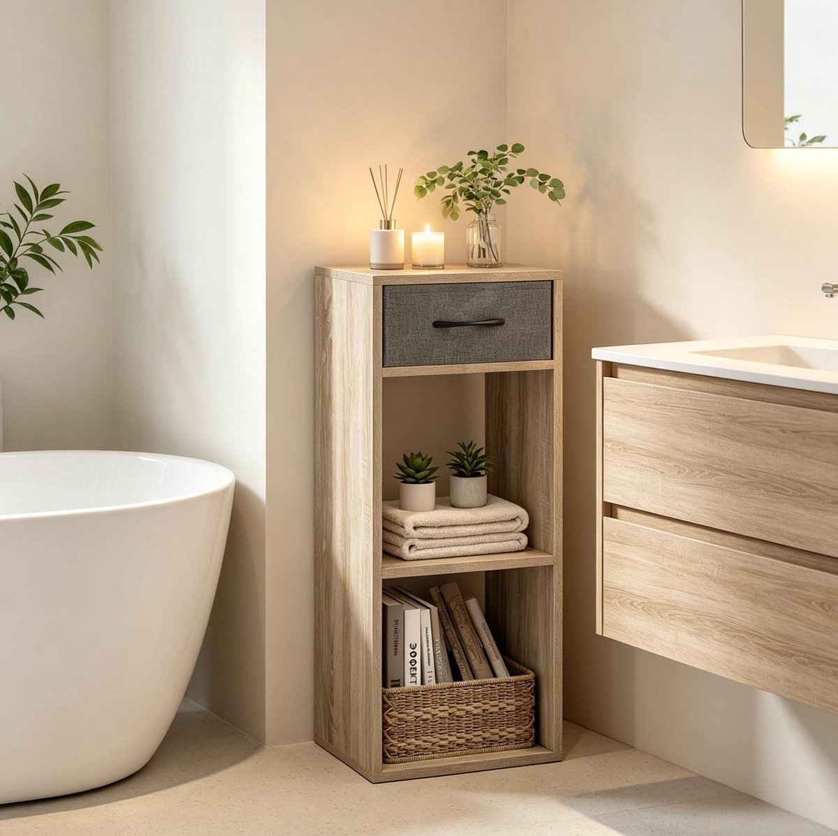 Boekenkast Open Design Met Stoffen Lade 32,4 x 30 x 80 cm Spaanplaat Licht Eiken Grijs Voor Woonkamer, Slaapkamer En Kantoor