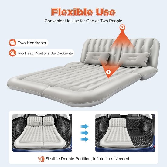 Luchtbed 2 Personen - Opblaasbaar Matras Auto - Kamperen Reizen - Flexibele Dubbele Wand - 174 x 126 cm - Grijs — afbeelding 5
