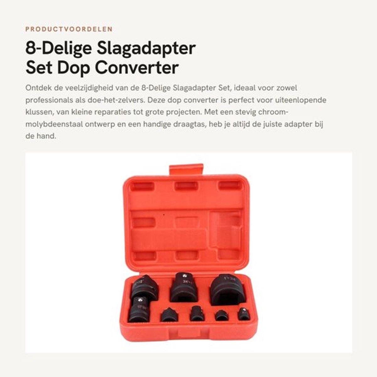 8-Delige Slagadapter Set - Dop Converter - Draagtas - Zwart - Impact Mechanisme - Ideaal voor Klussen - Kunststof Behuizing