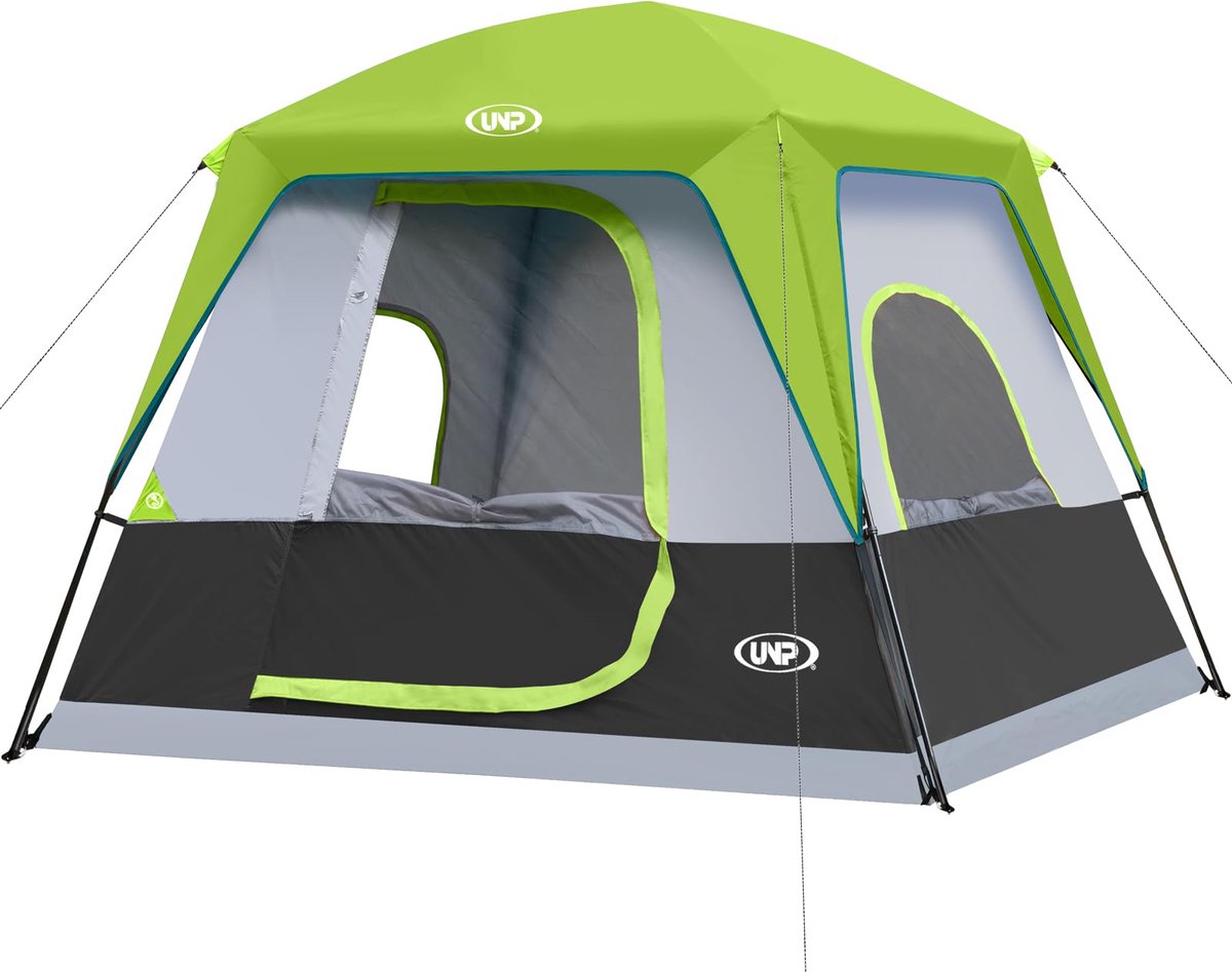 SnelShoppen - 4-persoons tent, draagbare huttent, waterdichte campingtent met regenvlieg voor buiten, eenvoudig op te zetten, fluorescerend groen, ide