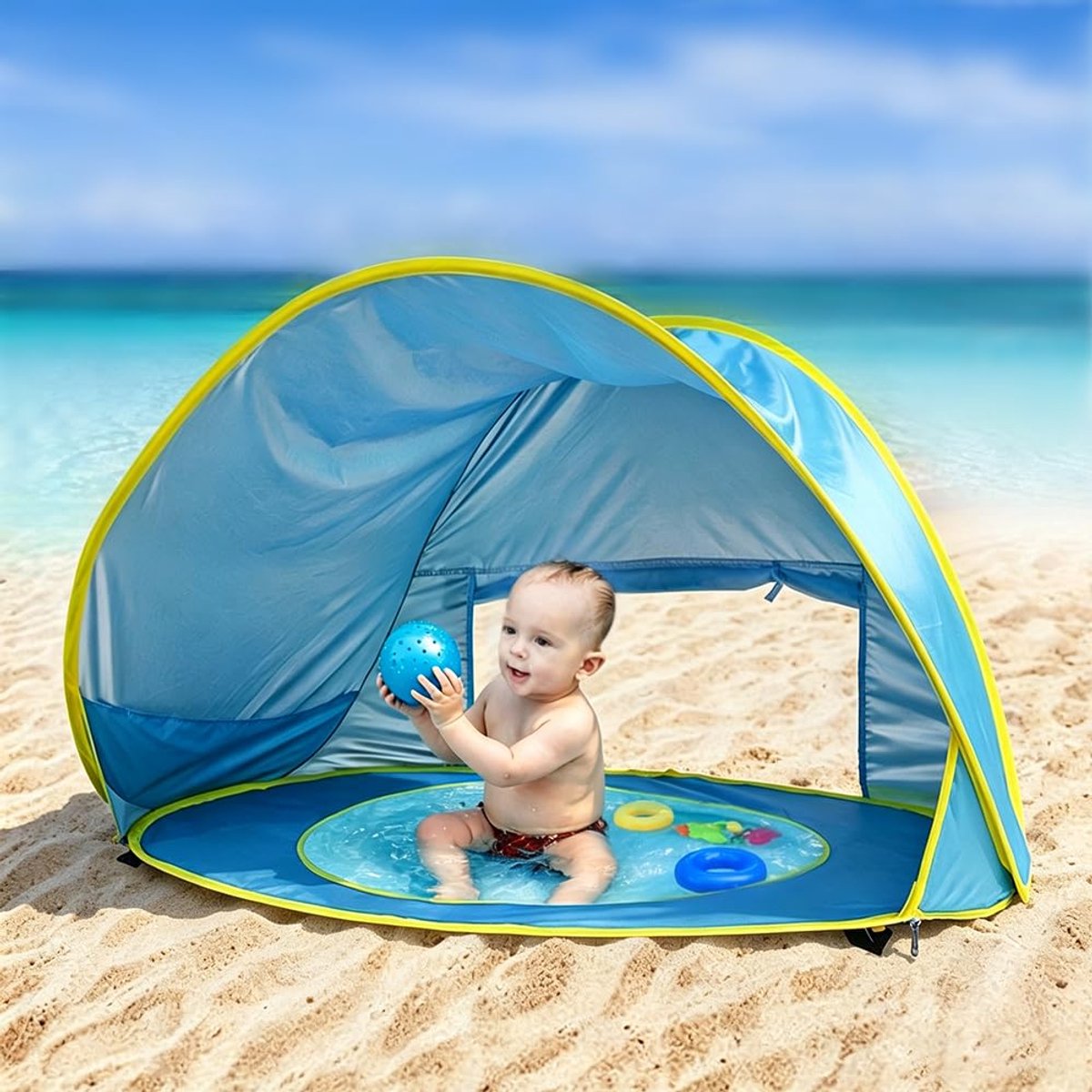 SnelShoppen - Strandschelp Baby Pop-Up met UV-Bescherming 50, Zonwering Strandtent met Mini-Zwembad, Ideaal voor Peuters, Draagtas en Haringen Inbegre