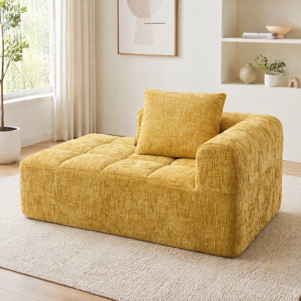 COVREO Chaise longue 158x90x60 cm - geel chenille, met zijvakken en kussen, geen montage nodig