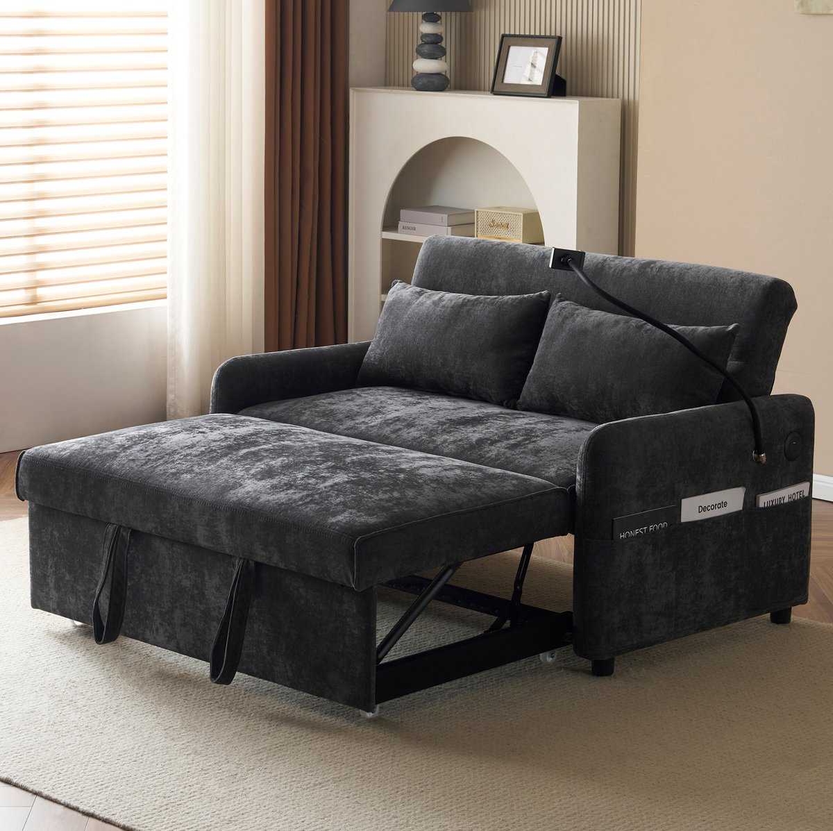 COVREO Slaapbank 129 cm – 2-zits, grijs chenille, verstelbare rugleuning, USB-poort
