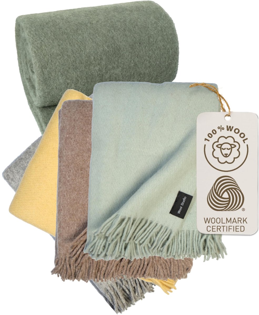 SnelShoppen - Luxueuze 130x170 cm 100% lamswol plaid | Duurzame, veelzijdige wollen deken in Unicolor YELLOW voor thuis, reizen, buitenavonturen, tuin