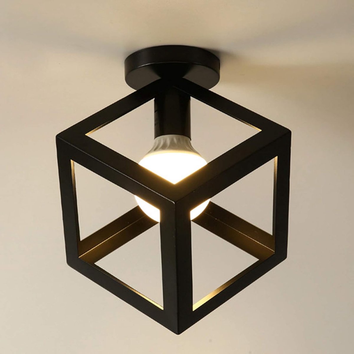 KZQVierkante Vintage Plafondlamp - Metalen Kooi Kap - Industrieel Design - Semi Flush Mount - Geschikt Voor Loft Kantoor Café En Restaurant - Zwart