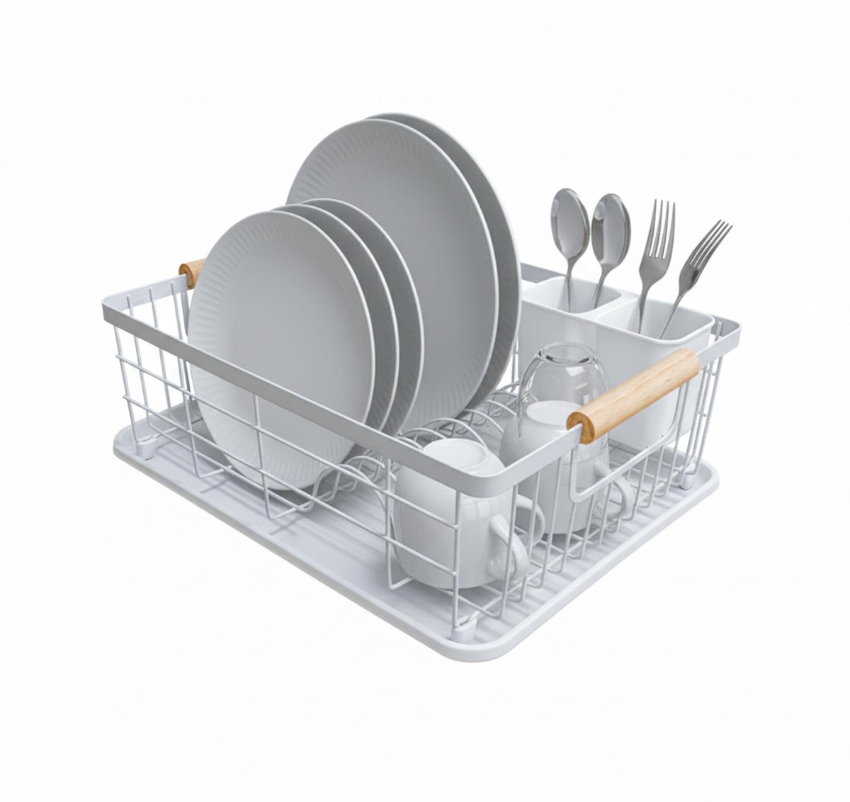 SnelShoppen - Modern Afdruiprek met Houten Handvat - 42x31,5x15 cm - Wit Staal - Afdruiprek met Lekbak en Bestekhouder - Capaciteit voor 10 Borden en